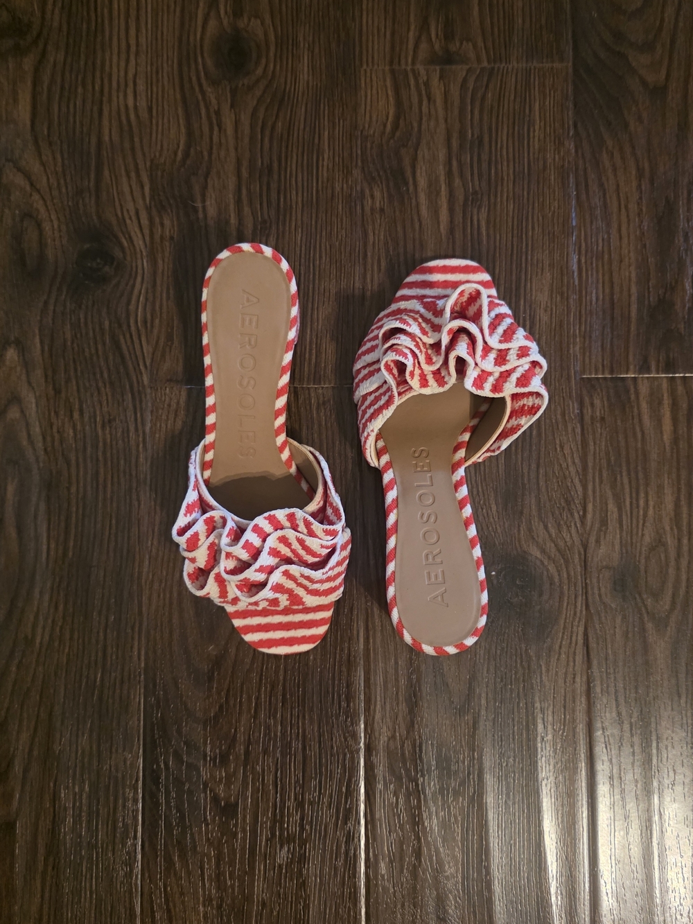 Never Worn Aerosoles Red and White Striped Ruffle Slide Sandals